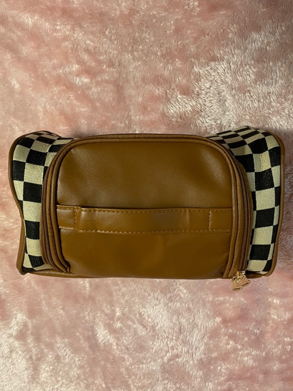 Brown Faux Leather Toiletry Bag with Black & Cream Check Sides